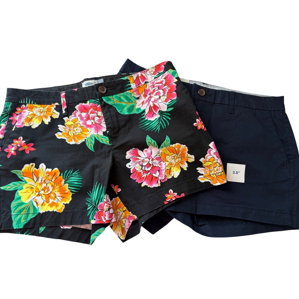 Old Navy Shorts Lot 2 ,sz 8 Black Floral Tropical ,Navy Blue Chino 3.5 Inseam